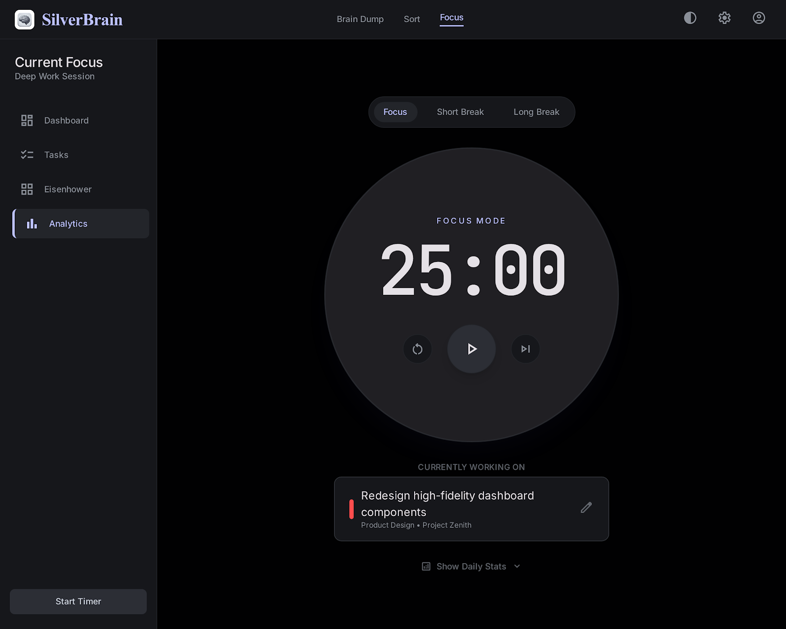 Pomodoro focus timer view