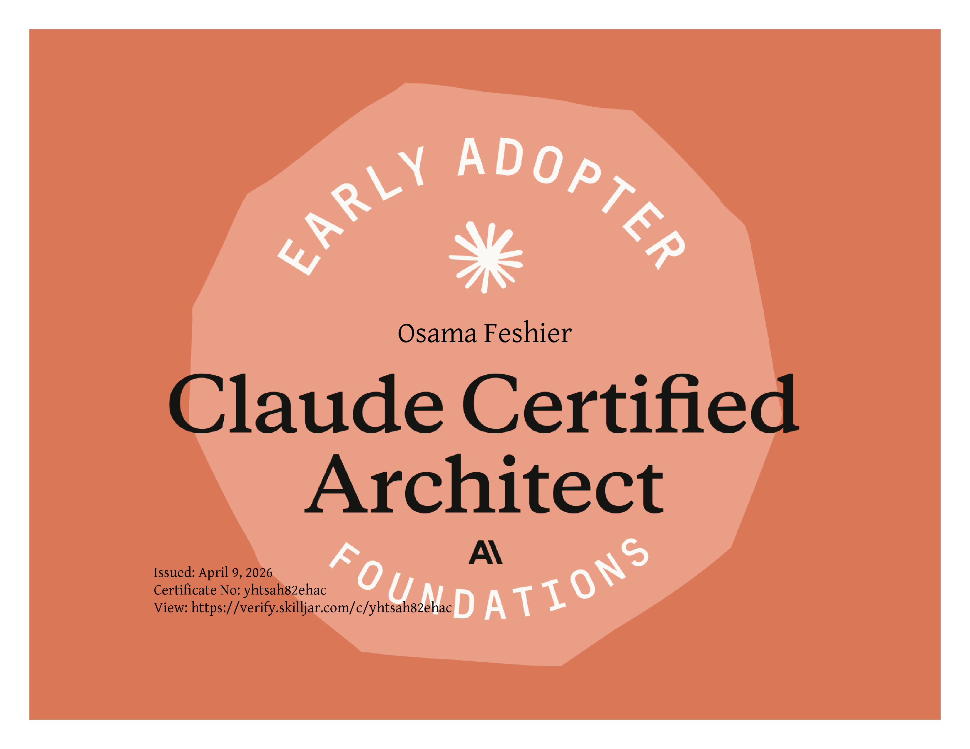 Claude Certified Architect Foundations certificate issued to Osama Feshier